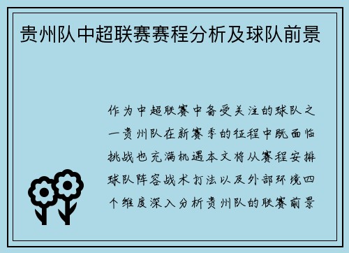 贵州队中超联赛赛程分析及球队前景
