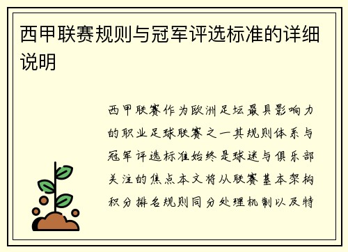 西甲联赛规则与冠军评选标准的详细说明